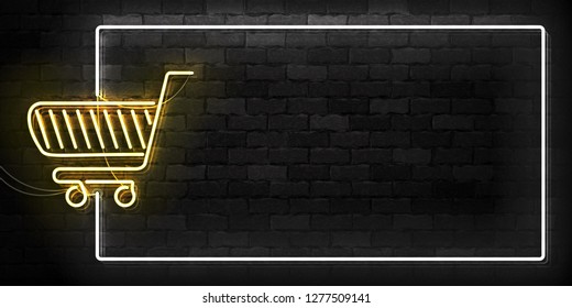 Vector realistic isolated neon sign of Supermarket Shopping Cart frame logo for decoration and covering on the wall background. Concept of Black friday, sale and online shopping.