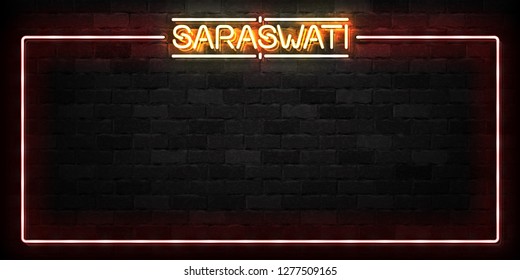 Vector realistic isolated neon sign of Saraswati festival frame logo for decoration and covering on the wall background. Concept of Happy Vasant Panchami in India.