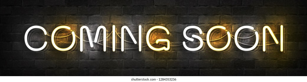 Vector realistic isolated neon sign of Coming Soon typography logo for template decoration and layout covering on the wall background.