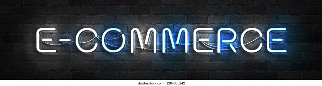 Vector realistic isolated neon sign of E-commerce typography logo for template decoration and layout covering on the wall background. Concept of marketing and online shopping.