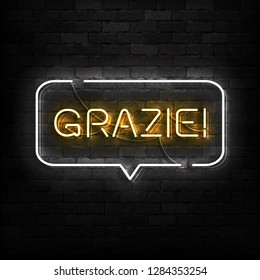 Vector realistic isolated neon sign of Grazie logo for template decoration and covering on the wall background. Translation from Italian: Thank you. Concept of gratitude.