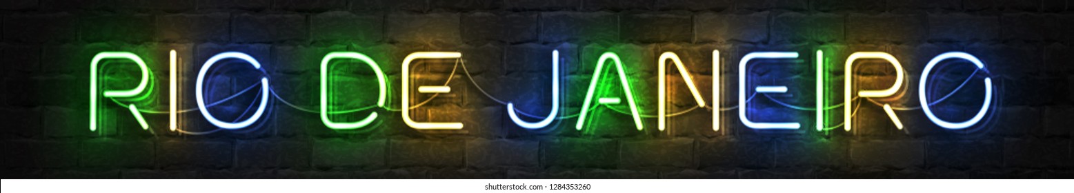 Vector realistic isolated neon sign of Rio De Janeiro typography logo for template decoration and layout covering on the wall background.