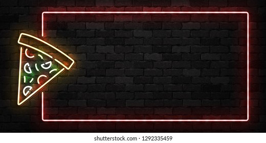 Vector realistic isolated neon sign of Pizza frame logo for decoration and covering on the wall background. Concept of restaurant, cafe and italian food.