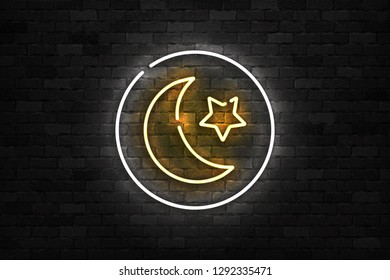 Vector realistic isolated neon sign of Islamic Crescent logo for template decoration on the wall background. Concept of Ramadan Kareem.