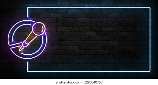 Vector realistic isolated neon sign of Microphone frame logo for template decoration and covering on the wall background. Concept of music, stand up comedy show and karaoke.