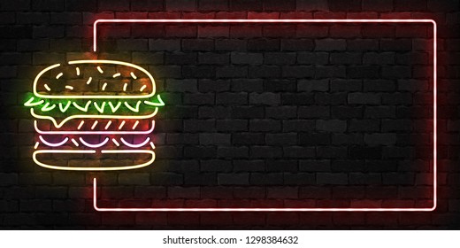 Vector realistic isolated neon sign of Burger frame logo for template decoration and covering on the wall background. Concept of fast food, cafe and restaurant.