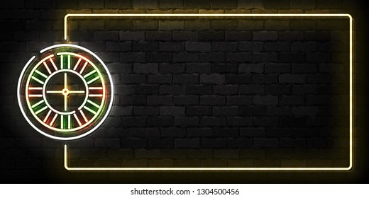 Vector realistic isolated neon sign of Roulette frame logo for template decoration and covering on the wall background. Concept of casino.