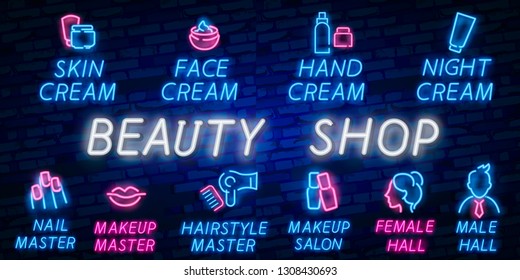 Vector realistic isolated neon sign of Beauty Shop logo with lipstick for decoration and covering on the wall background. Concept of cosmetics and beauty.