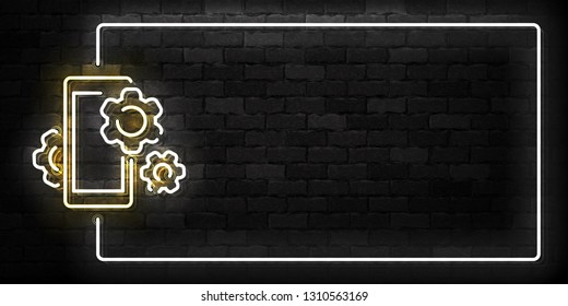 Signo de neón aislado y realista vector del logotipo del marco de reparación de teléfono para la decoración de plantilla en el fondo de la pared.