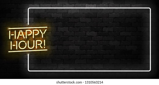 Vector realistic isolated neon sign of Happy Hour frame logo for template decoration and covering on the wall background. Concept of night club, free drinks, bar counter and restaurant.