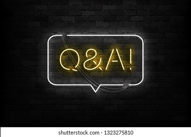 Vector realistic isolated neon sign of Q and A logo for template decoration and layout covering on the wall background. Concept of Questions and Answers.