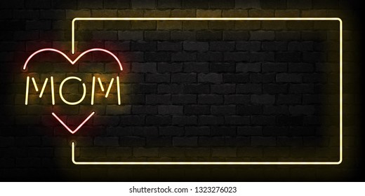 Vector realistic isolated neon sign of Mothers Day frame logo with heart shape for template decoration and covering on the wall background.