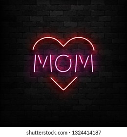 Vector realistic isolated neon sign of Mothers Day logo with heart shape for template decoration and covering on the wall background.