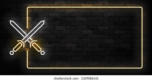 Vector realistic isolated neon sign of Crossed Swords frame logo for template decoration and covering on the wall background.