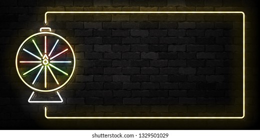 Vector realistic isolated neon sign of Wheel of Fortune frame logo for template decoration and covering on the wall background. Concept of roulette and jackpot.