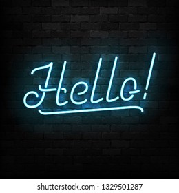 Vector Realistic Isolated Neon Sign Of Hello Logo For Template Decoration And Mockup Covering On The Wall Background.