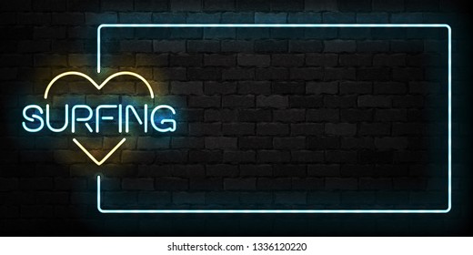 Vector realistic isolated neon sign of Surfing frame logo for template decoration and layout covering on the wall background.