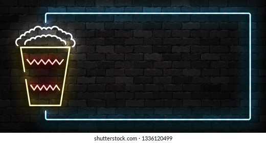 Vector realistic isolated neon sign of Popcorn frame logo for template decoration and mockup covering on the wall background. Concept of cinema.