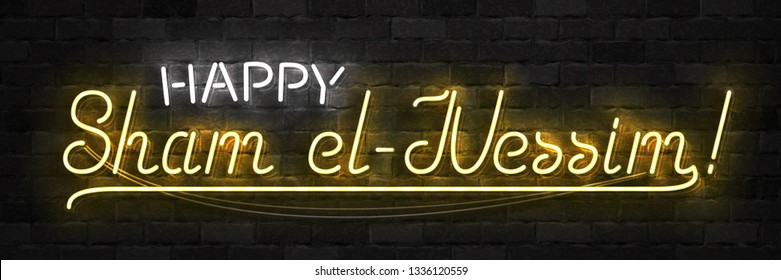 Vector realistic isolated neon sign of Sham el-Nessim typography logo for template decoration and invitation covering on the wall background. Concept of Happy Easter in Egypt.