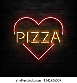 Vector realistic isolated neon sign of Pizza logo with heart shape for template decoration and covering on the wall background. Concept of restaurant, cafe and italian food.