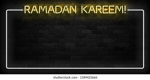 Vector realistic isolated neon sign of Ramadan Kareem frame logo for template decoration on the wall background.