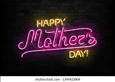 Vector realistic isolated neon sign of Happy Mothers Day typography logo for template decoration and covering on the wall background.