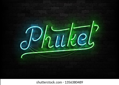 Vector realistic isolated neon sign of Phuket typography logo for template decoration on the wall background. Concept of Thailand vacation and tourism.