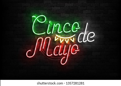 Vector realistic isolated neon sign of Cinco De Mayo typography logo for template decoration on the wall background. Concept of Viva Mexico.