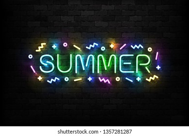 Vector realistic isolated neon sign of Summer typography logo for template decoration on the wall background. Concept of vacation and tourism.