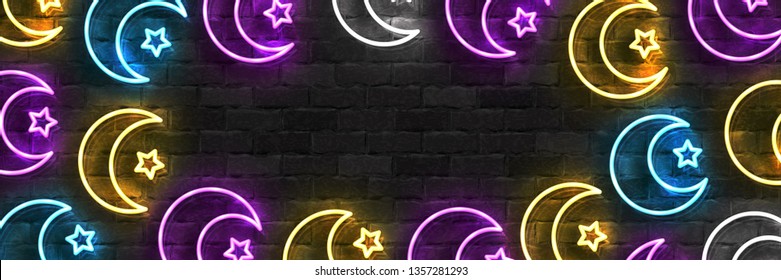 Vector realistic isolated neon sign of Ramadan Kareem flyer logo for invitation decoration and discount offer covering on the wall background.