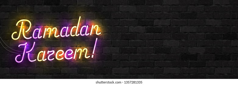 Vector realistic isolated neon sign of Ramadan Kareem flyer logo for template decoration on the wall background.