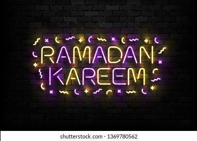 Vector realistic isolated neon sign of Ramadan Kareem typography logo for invitation decoration and discount offer covering on the wall background.