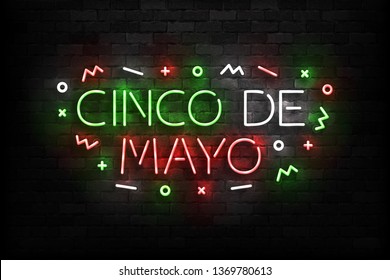 Vector realistic isolated neon sign of Cinco De Mayo logo for template decoration and invitation covering on the wall background. Concept of Viva Mexico.