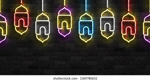 Vector realistic isolated neon sign of Fanous Lamp seamless pattern logo for invitation decoration and discount offer flyer on the wall background. Concept of Happy Ramadan Kareem and Eid Mubarak.