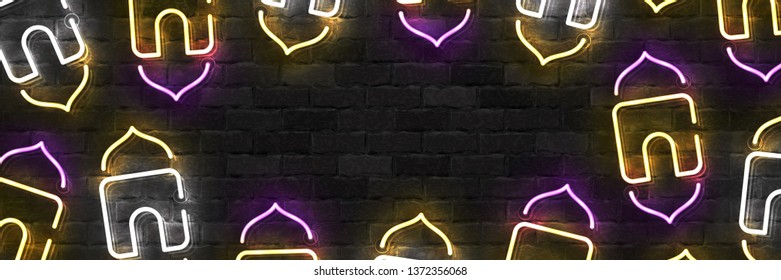 Vector realistic isolated neon sign of Ramadan Kareem flyer logo for invitation decoration and discount offer covering on the wall background.