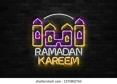 Vector realistic isolated neon sign of Ramadan Kareem with islamic city logo for invitation decoration and template covering on the wall background.