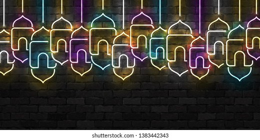 Vector realistic isolated neon sign of Islamic Lamp border logo for invitation decoration and template covering on the wall background.