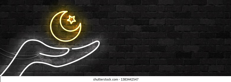 Sinal de néon isolado realista do vetor do logotipo Ramadan Kareem com folheto de mão para decoração de convites e modelo cobrindo o fundo da parede.