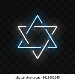 Vector realistic isolated neon sign of David Star logo for template decoration and invitation covering on the transparent background.