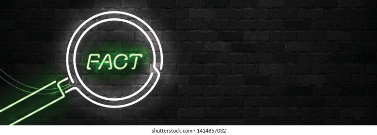 Vector realistic isolated neon sign of Fact logo with magnifying glass for template decoration on the wall background.