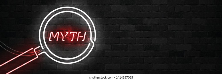 Vector realistic isolated neon sign of Myth logo with magnifying glass for template decoration on the wall background.