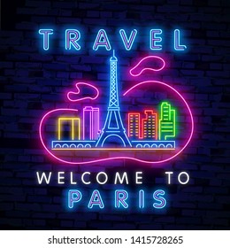 Vector realistic isolated neon sign of Welcome to Paris typography logo for decoration and covering on the wall background.