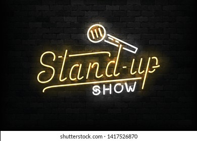 Vector Realistic Isolated Neon Sign Of Stand Up Show Logo For Template Decoration On The Wall Background. Concept Of Comedy And Humor.