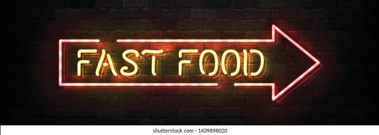 Vector realistic isolated neon sign of Fast Food arrow logo for template decoration and covering on the wall background. Concept of cafe and restaurant.