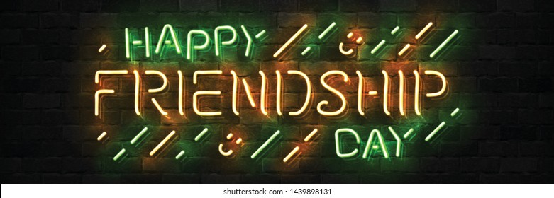 Vector realistic isolated neon sign of Happy Friendship Day logo for template decoration and mockup covering on the wall background.