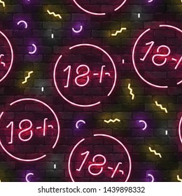 Vector realistic isolated neon sign of 18+ seamless pattern on a wall for website decoration and wallpaper covering. Concept of night club and sex shop.