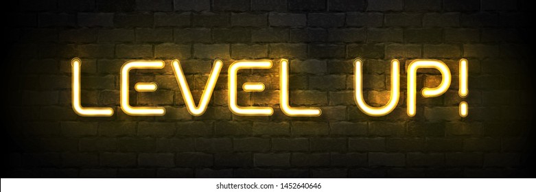 Vector realistic isolated neon sign of Level Up typography logo for template decoration and covering on the wall background. Concept of game.