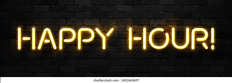 Vector realistic isolated neon sign of Happy Hour typography logo for template decoration and covering on the wall background. Concept of free drinks and night club.