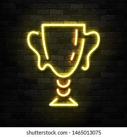 Vector realistic isolated neon sign of Golden Cup trophy logo for decoration and covering on the wall background. Concept of winning, award ceremony and jackpot.