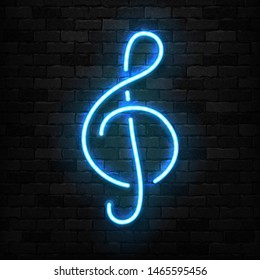 Vector realistic isolated neon sign of Treble Clef logo for template decoration and covering on the wall background. Concept of music and notes.